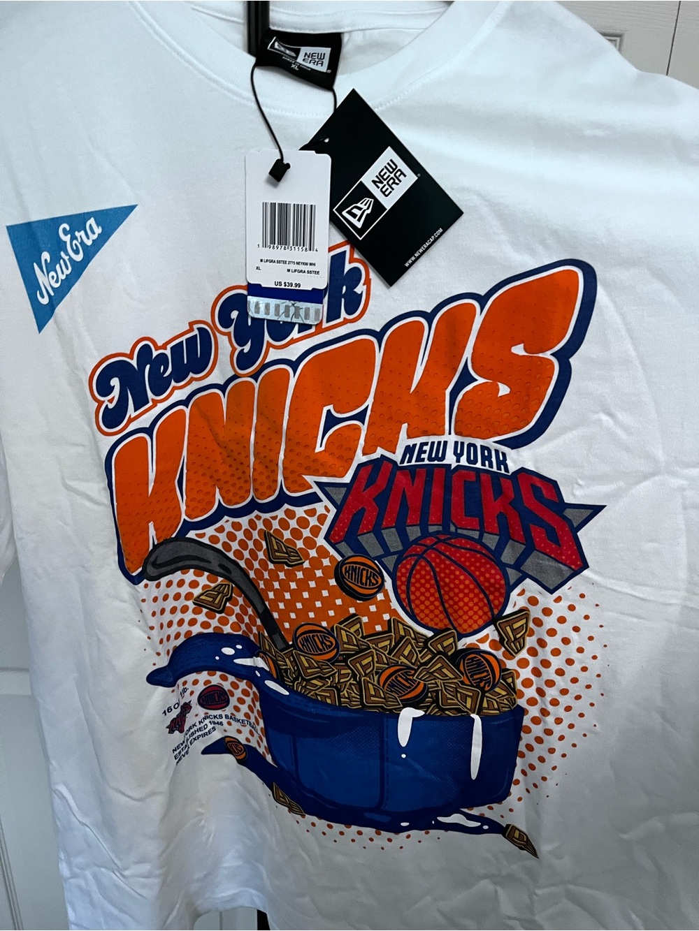 New Era White New York Knicks Graphic Tee with Orange & Blue Logo
